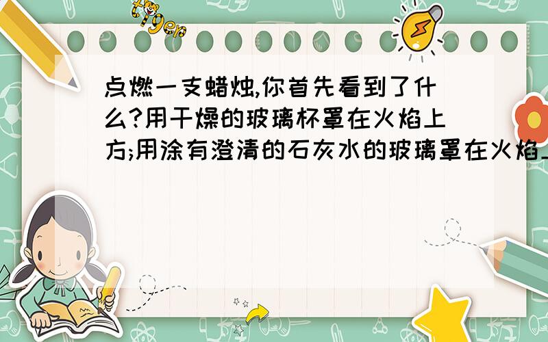 点燃一支蜡烛,你首先看到了什么?用干燥的玻璃杯罩在火焰上方;用涂有澄清的石灰水的玻璃罩在火焰上方；用白瓷碗放在火焰上方.你分别会看到哪些现象?为什么呢?这说明了什么?原来蜡烛变