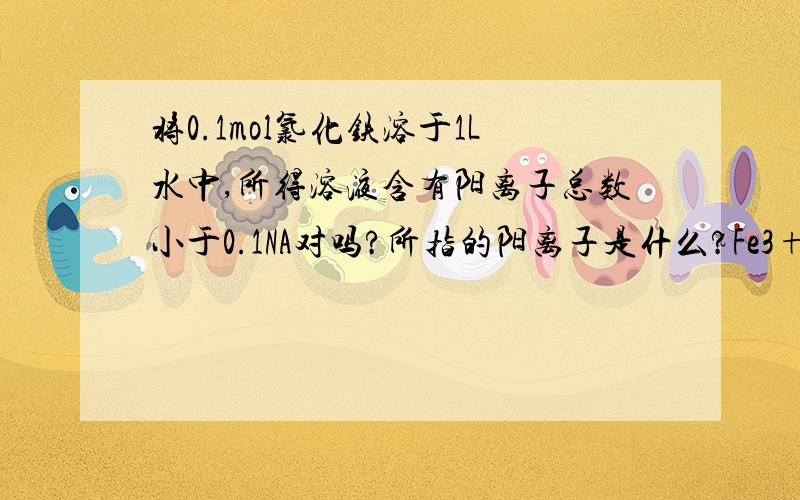 将0.1mol氯化铁溶于1L水中,所得溶液含有阳离子总数小于0.1NA对吗?所指的阳离子是什么?Fe3+水解不是会生成H+离子吗?