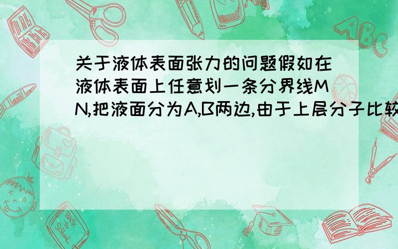 关于液体表面张力的问题假如在液体表面上任意划一条分界线MN,把液面分为A,B两边,由于上层分子比较稀疏,所以引力总是占主要地位,A部分对B部分有引力,B部分对A部分也有引力,由于这样的相