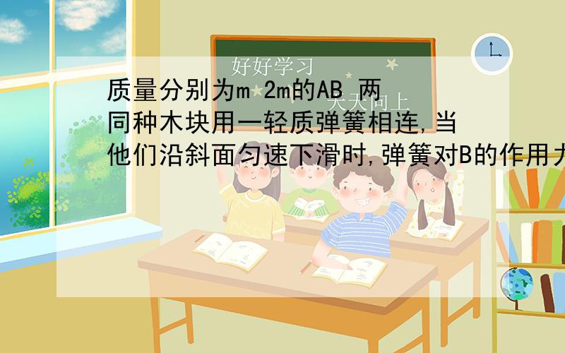 质量分别为m 2m的AB 两同种木块用一轻质弹簧相连,当他们沿斜面匀速下滑时,弹簧对B的作用力为?