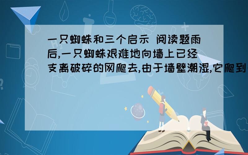 一只蜘蛛和三个启示 阅读题雨后,一只蜘蛛艰难地向墙上已经支离破碎的网爬去,由于墙壁潮湿,它爬到一定的高度,就会掉下来,它一次次地向上爬,一次次地又掉下来…… 　　第一个人看到了,