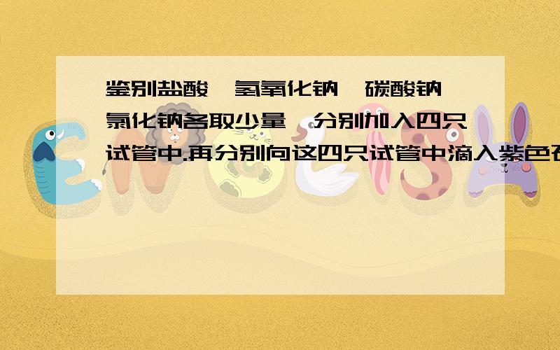 鉴别盐酸,氢氧化钠,碳酸钠,氯化钠各取少量,分别加入四只试管中.再分别向这四只试管中滴入紫色石蕊试液.（1）先被鉴别出来的两种物质.鉴别依据是.（2）不用其他试剂,怎样将另外两种溶