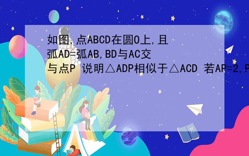 如图,点ABCD在圆O上,且弧AD=弧AB,BD与AC交与点P 说明△ADP相似于△ACD 若AP=2,PC=6,求AD的长