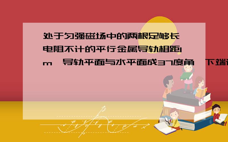 处于匀强磁场中的两根足够长,电阻不计的平行金属导轨相距1m,导轨平面与水平面成37度角,下端连接阻值为R的电阻,匀强磁场方向与导轨品面垂直,质量为0.2KG.电阻不计的金属棒放在两导轨上,