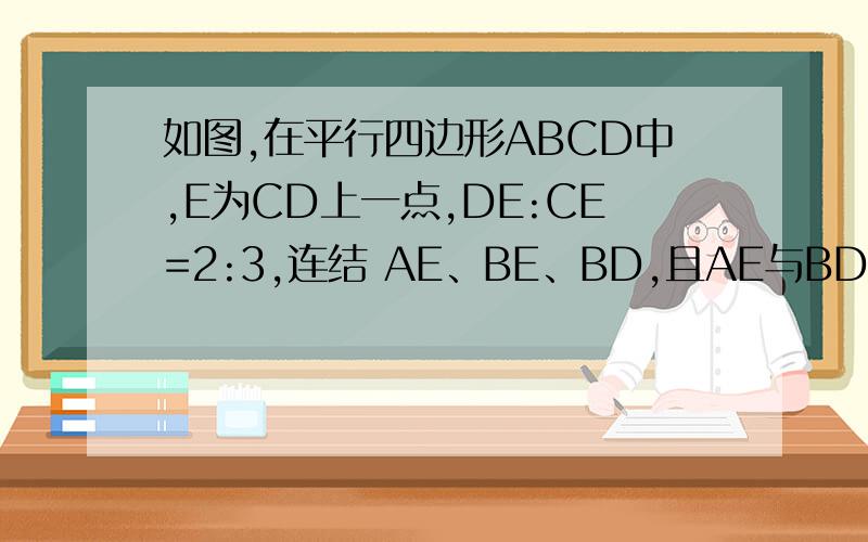如图,在平行四边形ABCD中,E为CD上一点,DE:CE=2:3,连结 AE、BE、BD,且AE与BD交于点如图,在平行四边形ABCD中,E为CD上一点,DE：CE=2:3,连结 AE、BE、BD,且AE与BD交于点F,平行四若边形ABCD的面积为14,求△ABF的