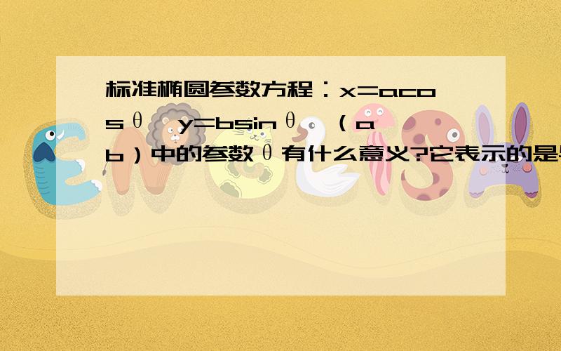 标准椭圆参数方程：x=acosθ,y=bsinθ,（a>b）中的参数θ有什么意义?它表示的是与x轴的夹角吗?如果是夹角,那么当θ=45°时,x与y的值明显不相等呀?但是这时x与y的值应该是相等的!不解中……