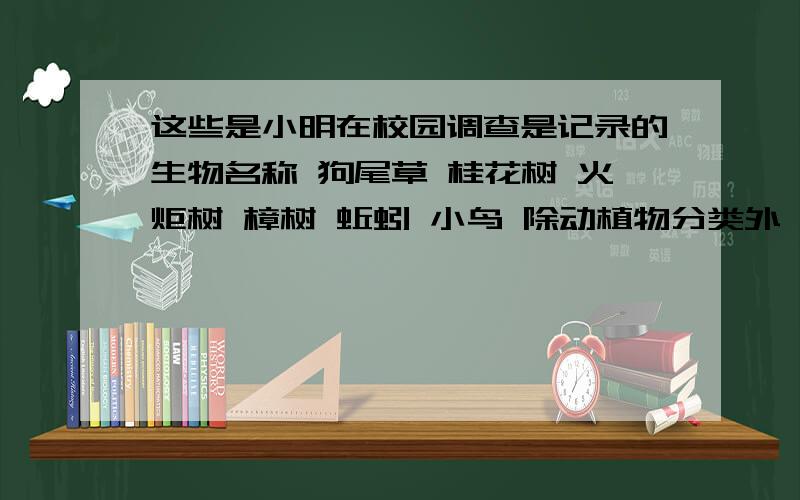 这些是小明在校园调查是记录的生物名称 狗尾草 桂花树 火炬树 樟树 蚯蚓 小鸟 除动植物分类外 还可怎么分