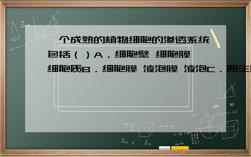 一个成熟的植物细胞的渗透系统包括（）A．细胞壁 细胞膜 细胞质B．细胞膜 液泡膜 液泡C．原生质层 细胞液D．细胞膜 细胞液 液泡膜请解释为什么不选D