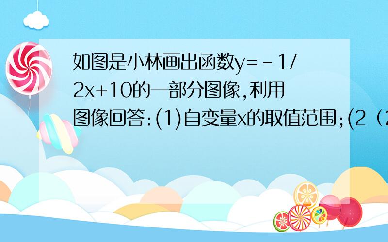 如图是小林画出函数y=-1/2x+10的一部分图像,利用图像回答:(1)自变量x的取值范围;(2（2）当x取什么值时,y有最小量、最大量?各是多少?（3）在图中,当x增大时,y的值是怎样变化?