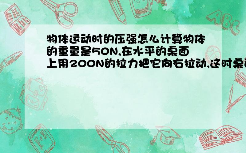 物体运动时的压强怎么计算物体的重量是50N,在水平的桌面上用200N的拉力把它向右拉动,这时桌面受到的压力是多少.这个我没弄明白,希望能说得清楚点.