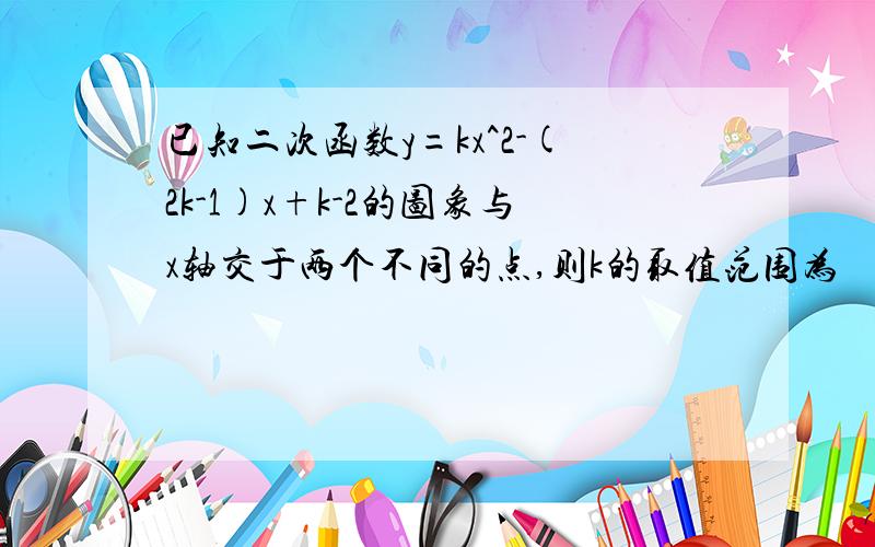 已知二次函数y=kx^2-(2k-1)x+k-2的图象与x轴交于两个不同的点,则k的取值范围为