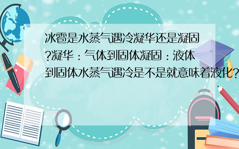 冰雹是水蒸气遇冷凝华还是凝固?凝华：气体到固体凝固：液体到固体水蒸气遇冷是不是就意味着液化?