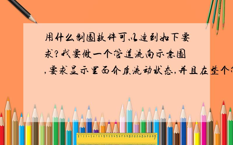 用什么制图软件可以达到如下要求?我要做一个管道流向示意图,要求显示里面介质流动状态,并且在整个管道系统中含有一个报警系统（当介质流尽时,报警装置可以显示红灯报警状态,当再次